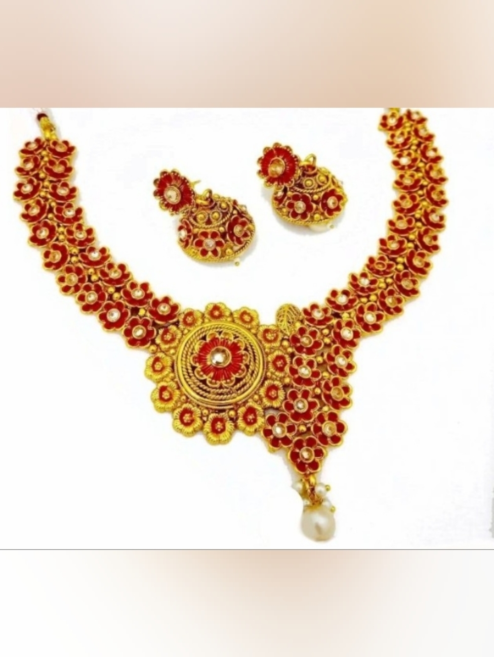 Red and Gold Floral Statement Necklace Set - Women Jewelry
